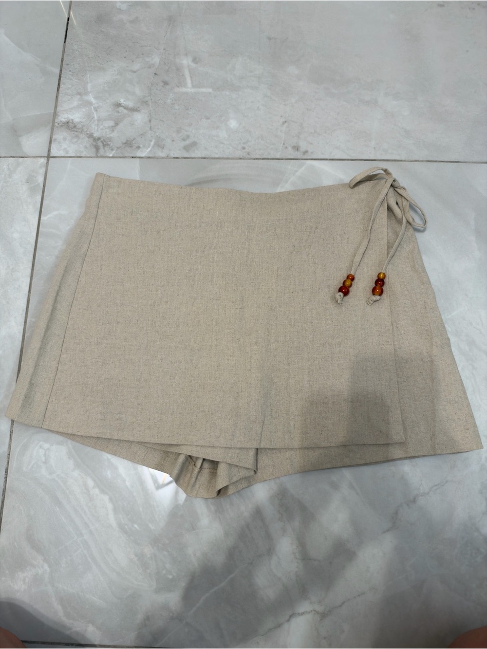 Zara Beaded Tie Linen Blend Skort - Cream